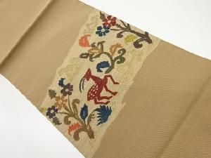 綴れ横段に花唐草・鹿模様刺繍名古屋帯
